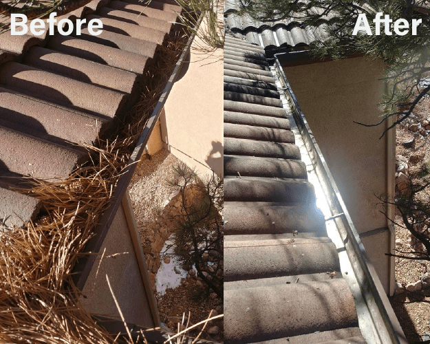 Best Buy gutter cleaning on residential home with pine needles in the before photo and cleaned out in the after photo