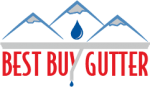 Best Buy Gutter Company Logo of Mountains Rain Drop gutter line and the words Best Buy gutter