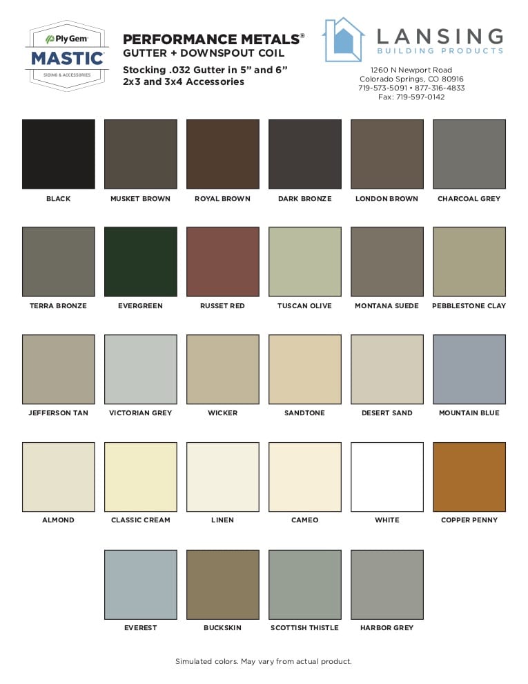 Best Buy gutter color chart from Lansing Mastic gutter products